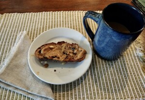 Simple morning pleasures, coffee in my favorite mug and maple cinnamon sourdough bread. They mill the organic flour daily and bake this robust loaf. Yum! 